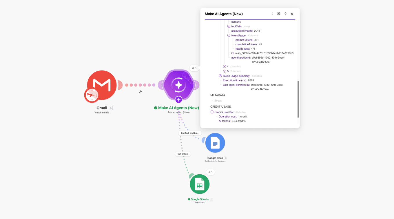 Execution log showing token usage and cost breakdown
