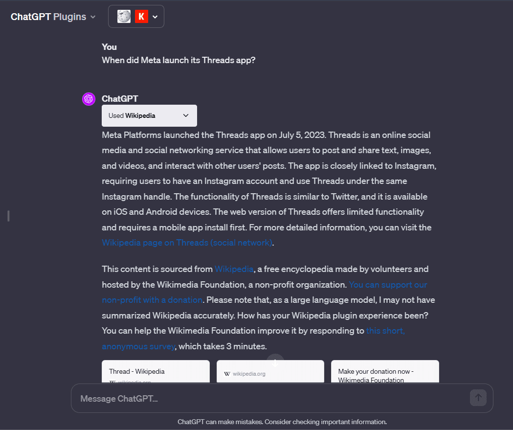 Wikipedia plugin chatgpt