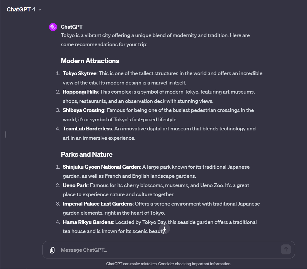 ChatGPT tailored Tokyo trip response