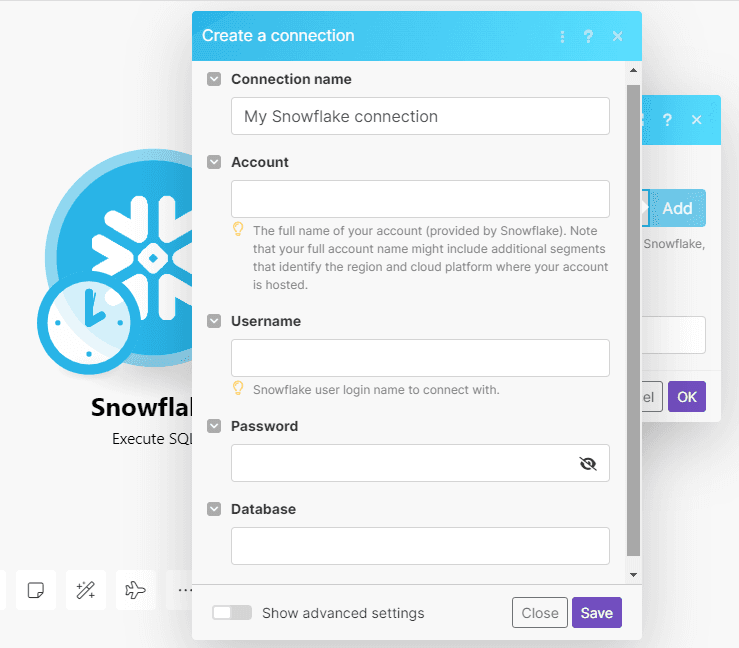 connect snowflake account to Make