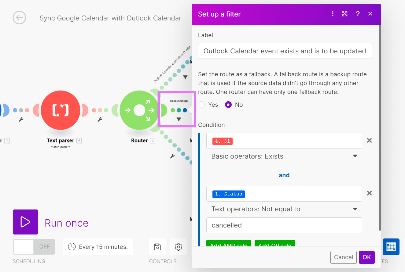 Filter - OCal event exists and is to be updated