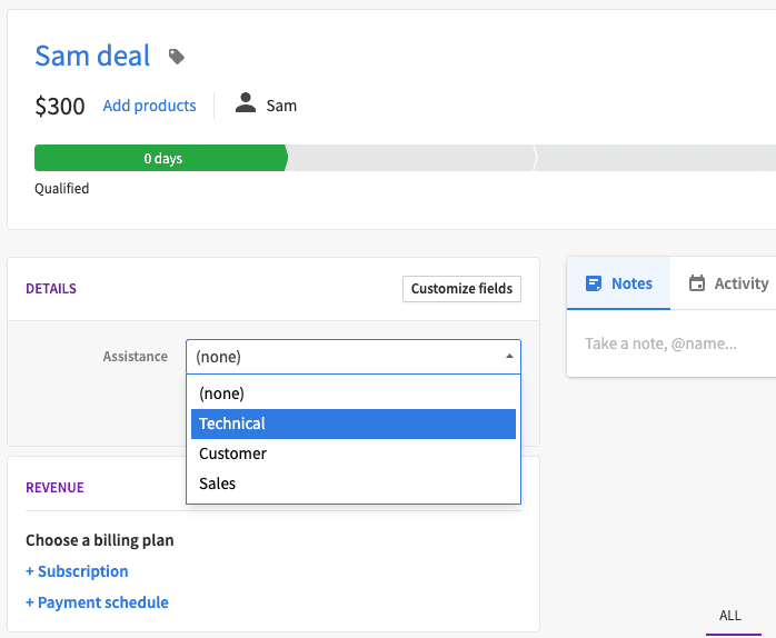 Pipedrive deal with custom field