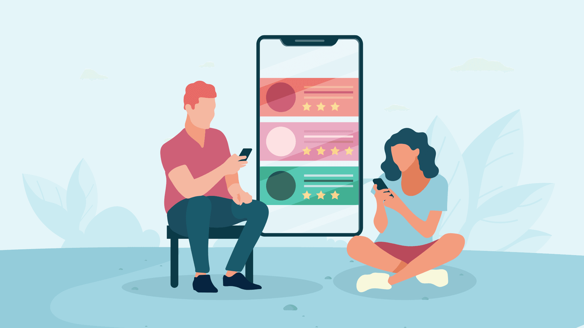 Two friends reading customer reviews on their phones.