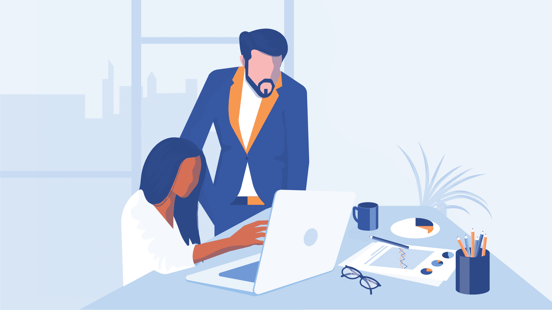 Two colleagues with a laptop planning next business steps.