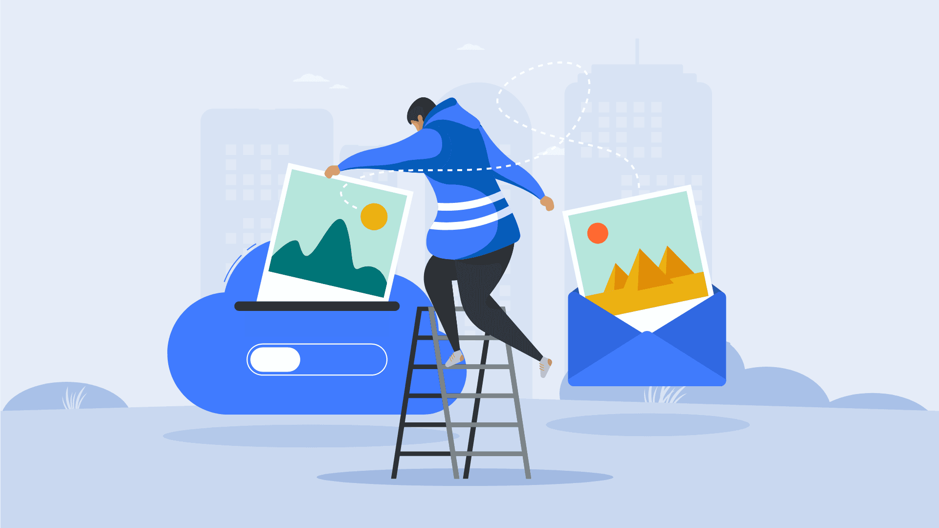 A man on a ladder uploading pictures to a cloud service.