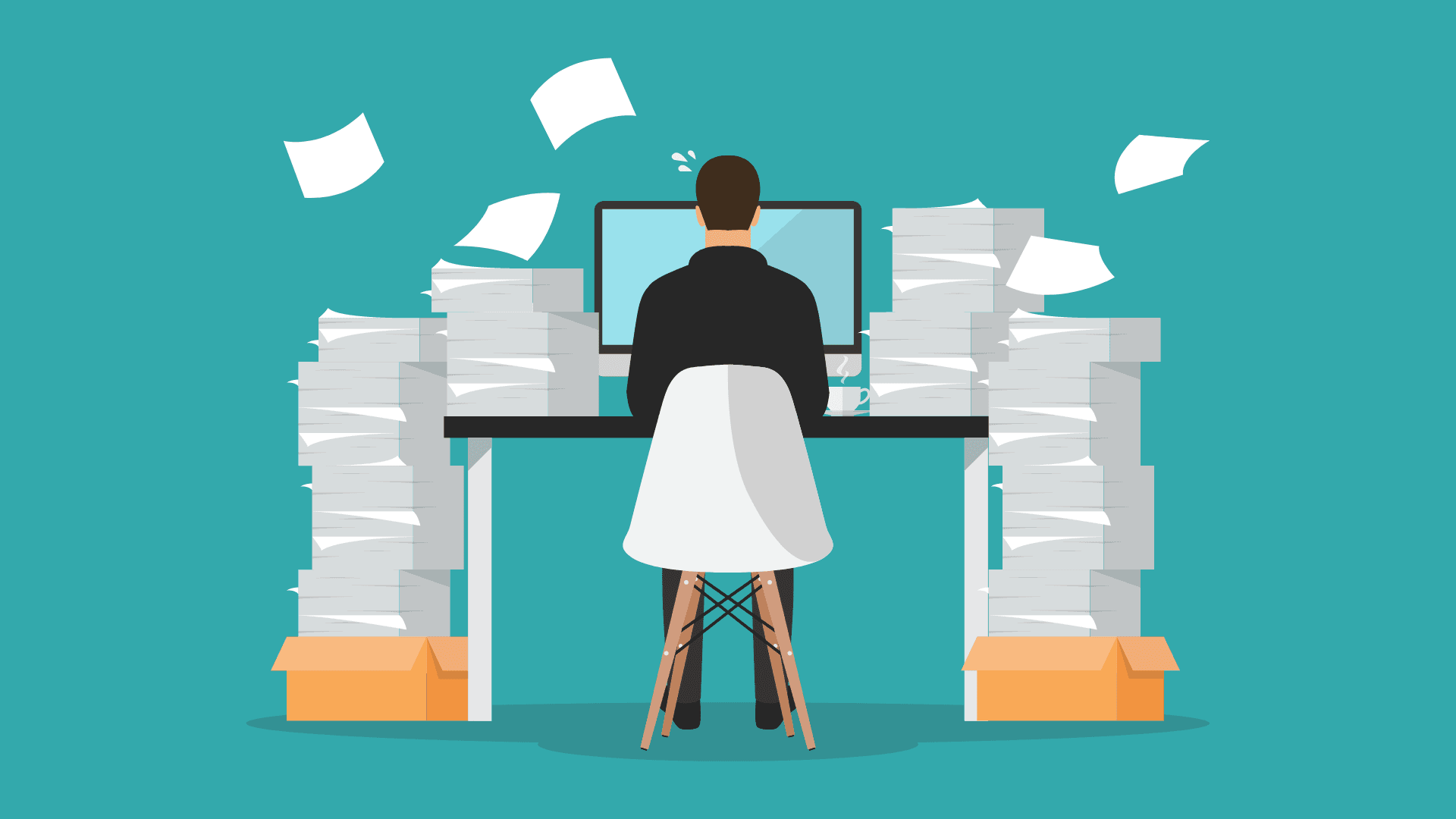 A man in the office doing a lot of paperwork.