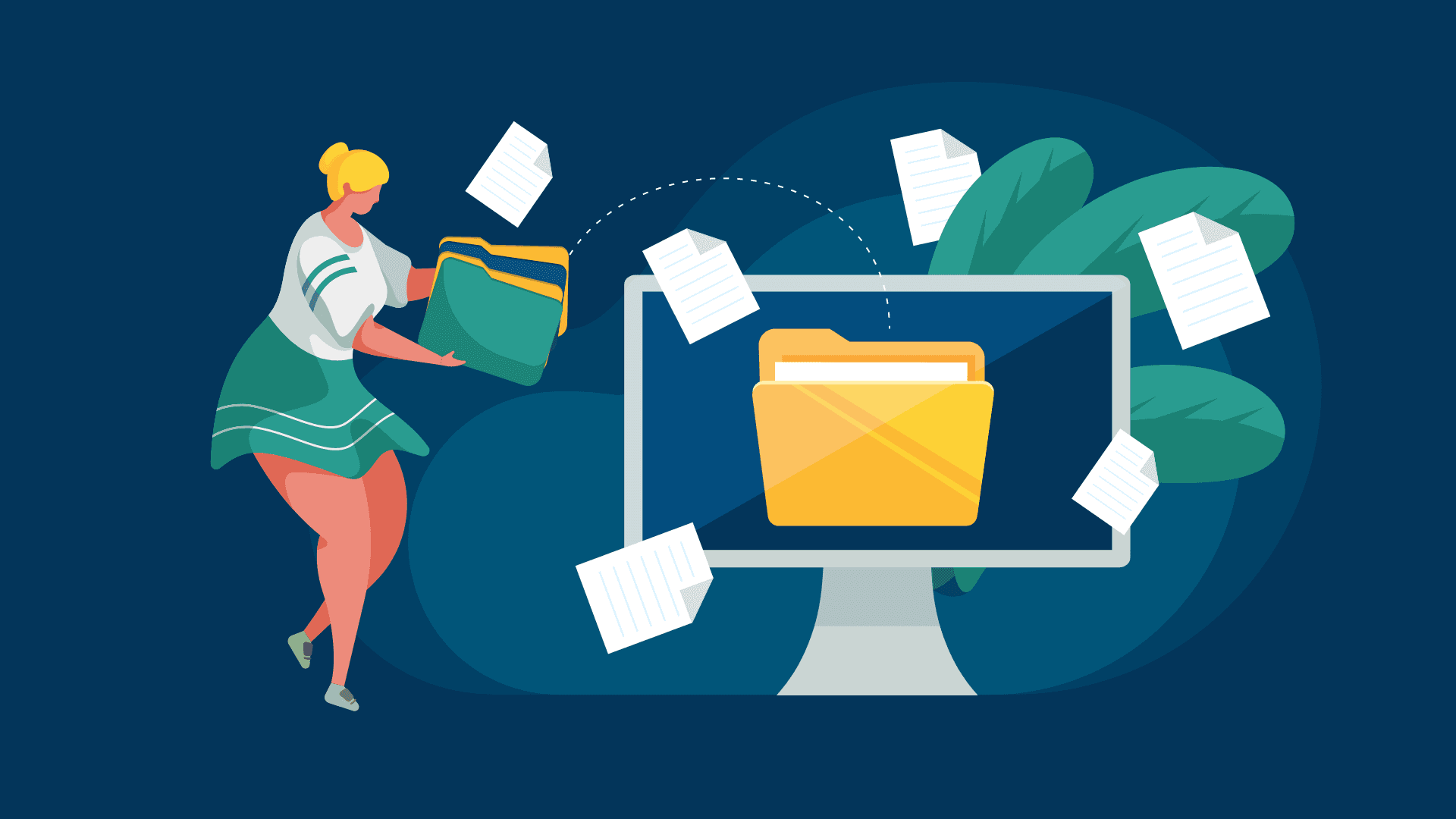 A woman working with files and folders in electronic document management system (EDMS).