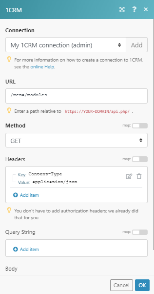 1CRM configuration dialog showing connection settings.